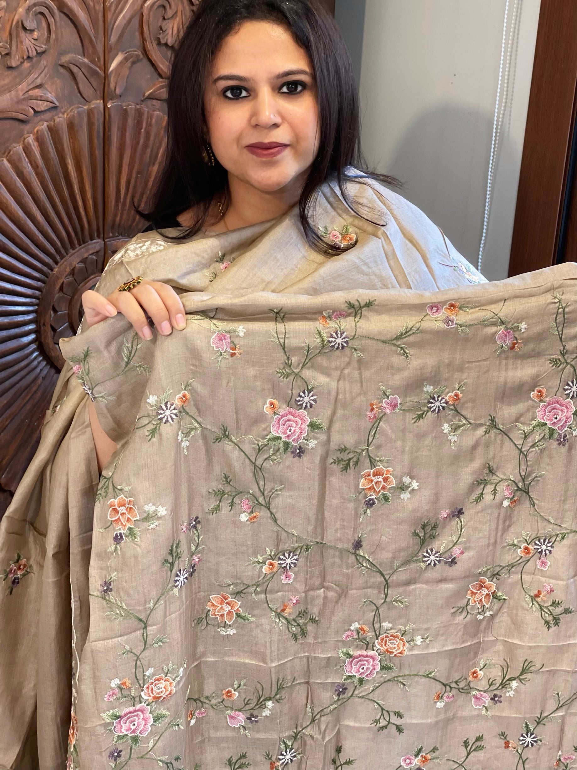 Pinkish Gold Suit Set with Thread Embroidery and Parsi Gara Embroidery in Pure Tussar Silk - Masakalee