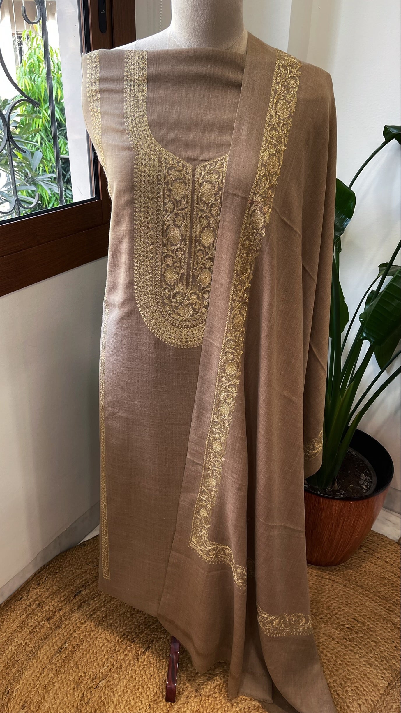 Pinkish Gold Winter Suit Set with Aari Work in Pashmina Wool - Masakalee