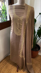 Pinkish Gold Winter Suit Set with Aari Work in Pashmina Wool - Masakalee