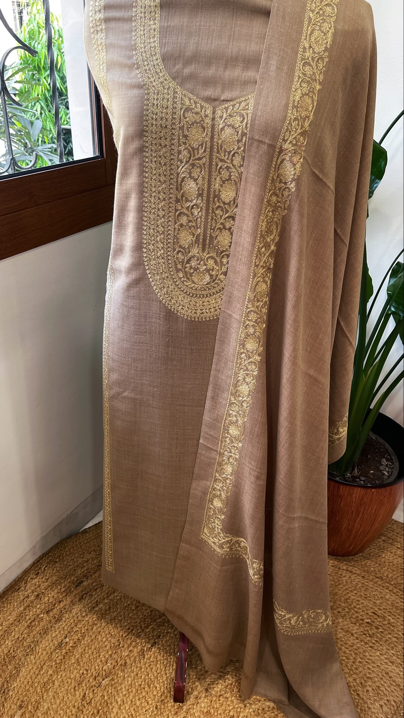 Pinkish Gold Winter Suit Set with Aari Work in Pashmina Wool - Masakalee