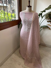 Pinkish Mauve Suit Set with Pearl, Cut Daana and Lucknowi Thread Handwork in Pure Mul Chanderi - Masakalee