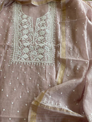 Pinkish Mauve Suit Set with Pearl, Cut Daana and Lucknowi Thread Handwork in Pure Mul Chanderi - Masakalee