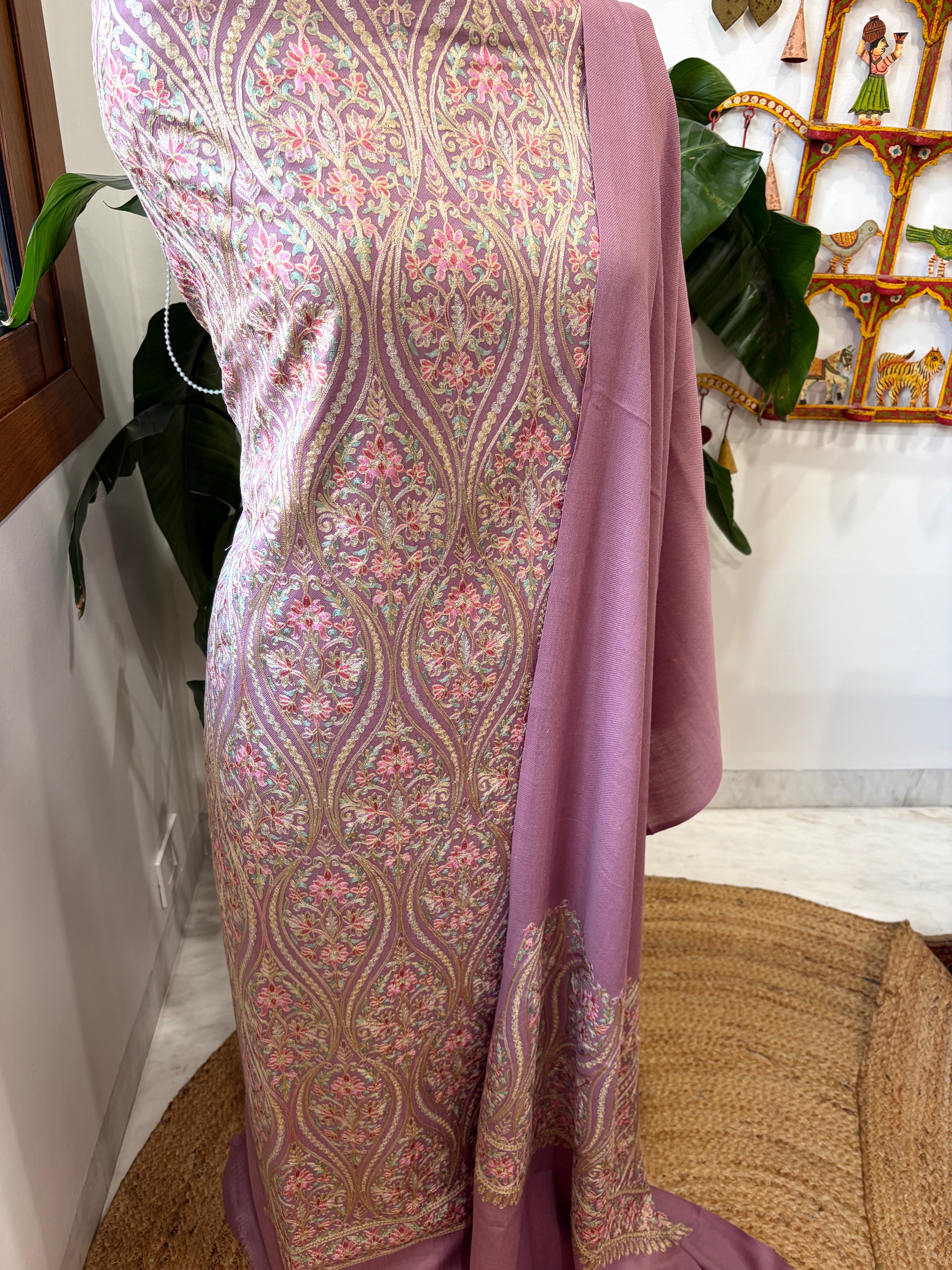 Pinkish Mauve Winter Suit Set with Aari Work in Pashmina Wool - Masakalee