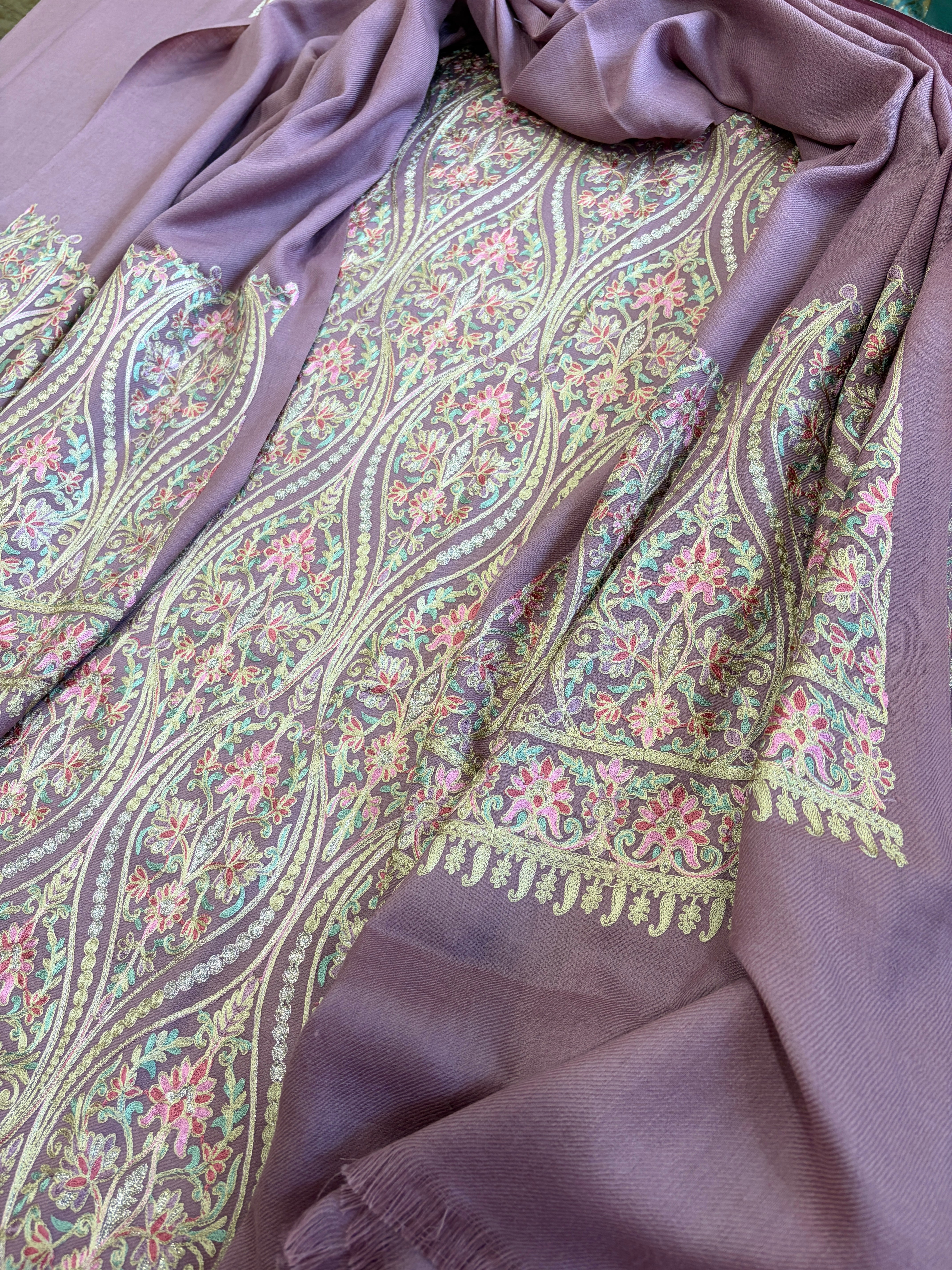 Pinkish Mauve Winter Suit Set with Aari Work in Pashmina Wool - Masakalee