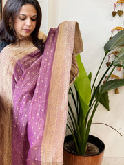 Pinkish Purple Woven Banarasi Dupatta in Tissue - Masakalee
