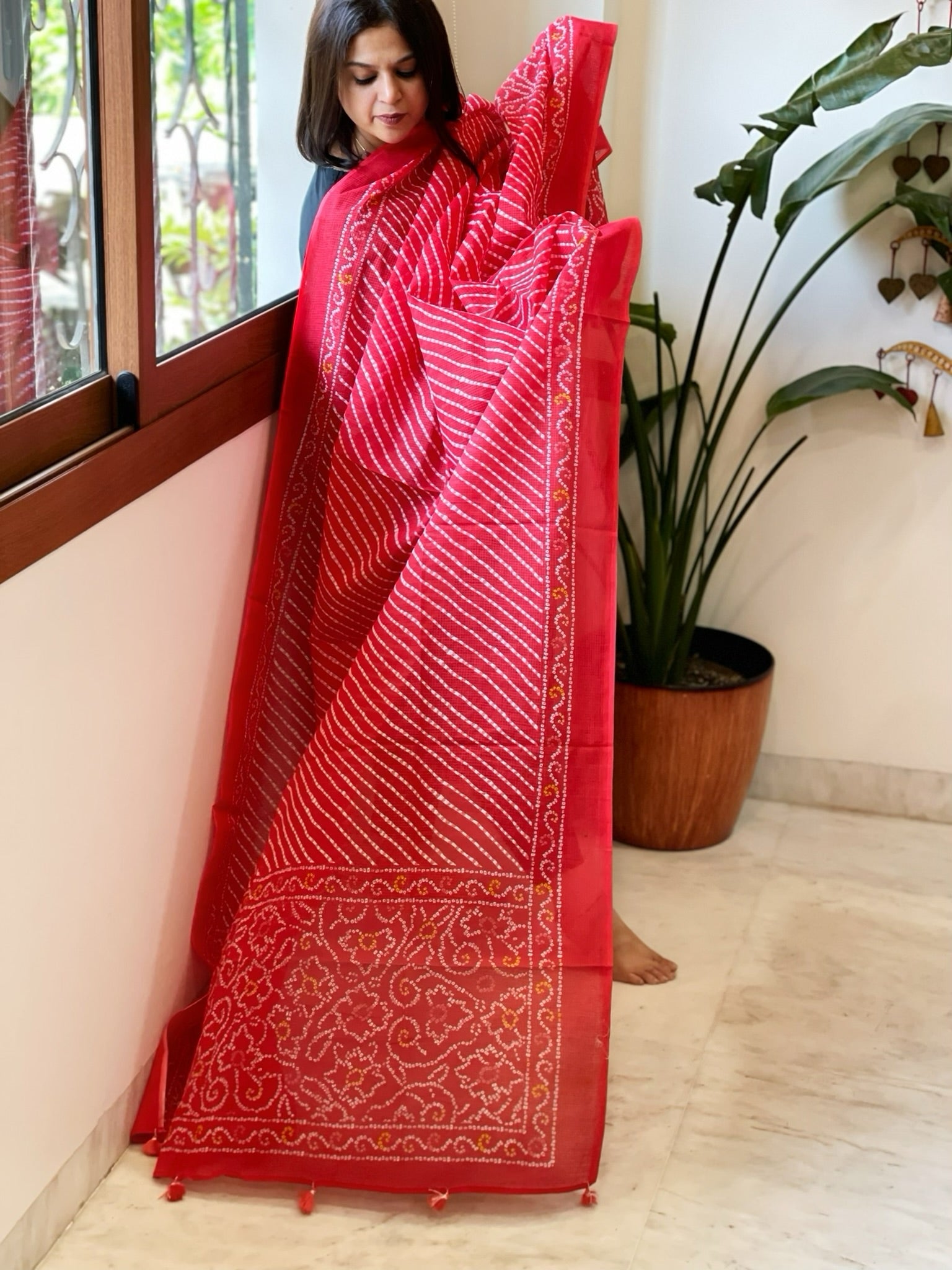 Pinkish Red Kota Cotton Handblock Printed Dupatta - Masakalee