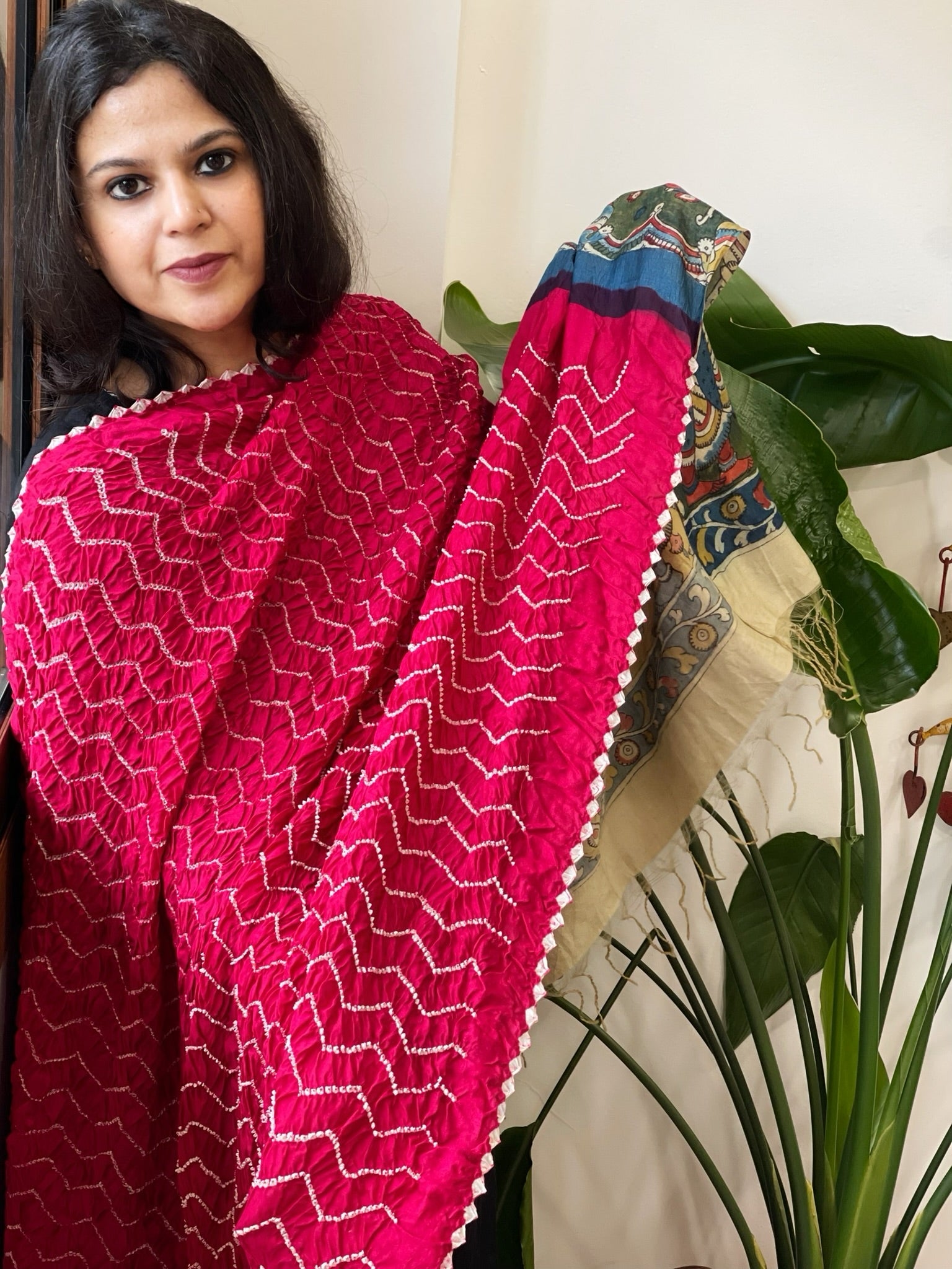 Pinkish Red Rai Bandhej Dupatta with Handpainted Kalamkari Pallu in Pure Muga Silk - Masakalee