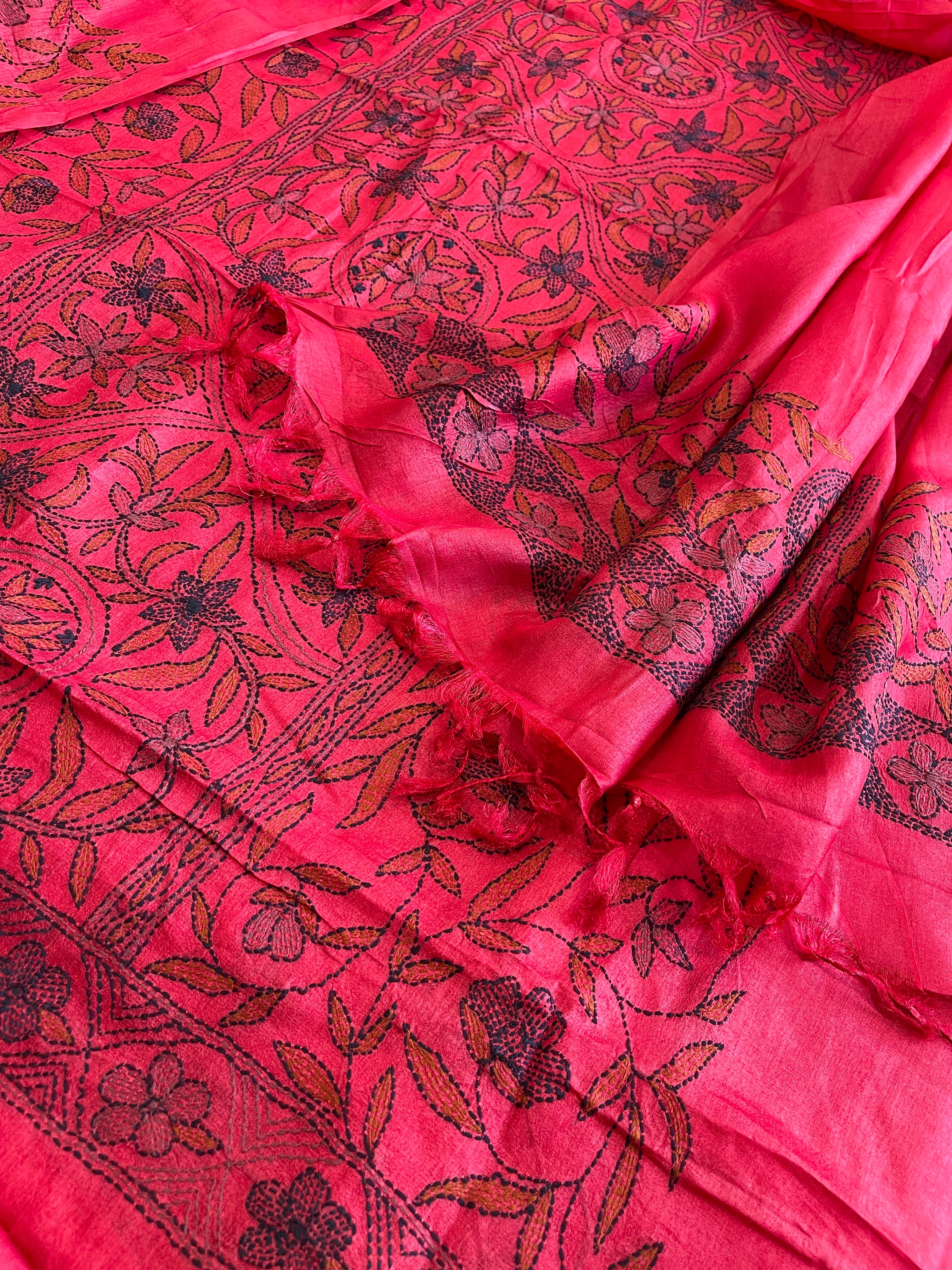 Pinkish Red Suit Set with Kantha Handwork in Pure Tussar Silk - Masakalee