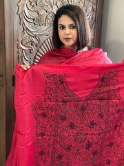 Pinkish Red Suit Set with Kantha Handwork in Pure Tussar Silk - Masakalee