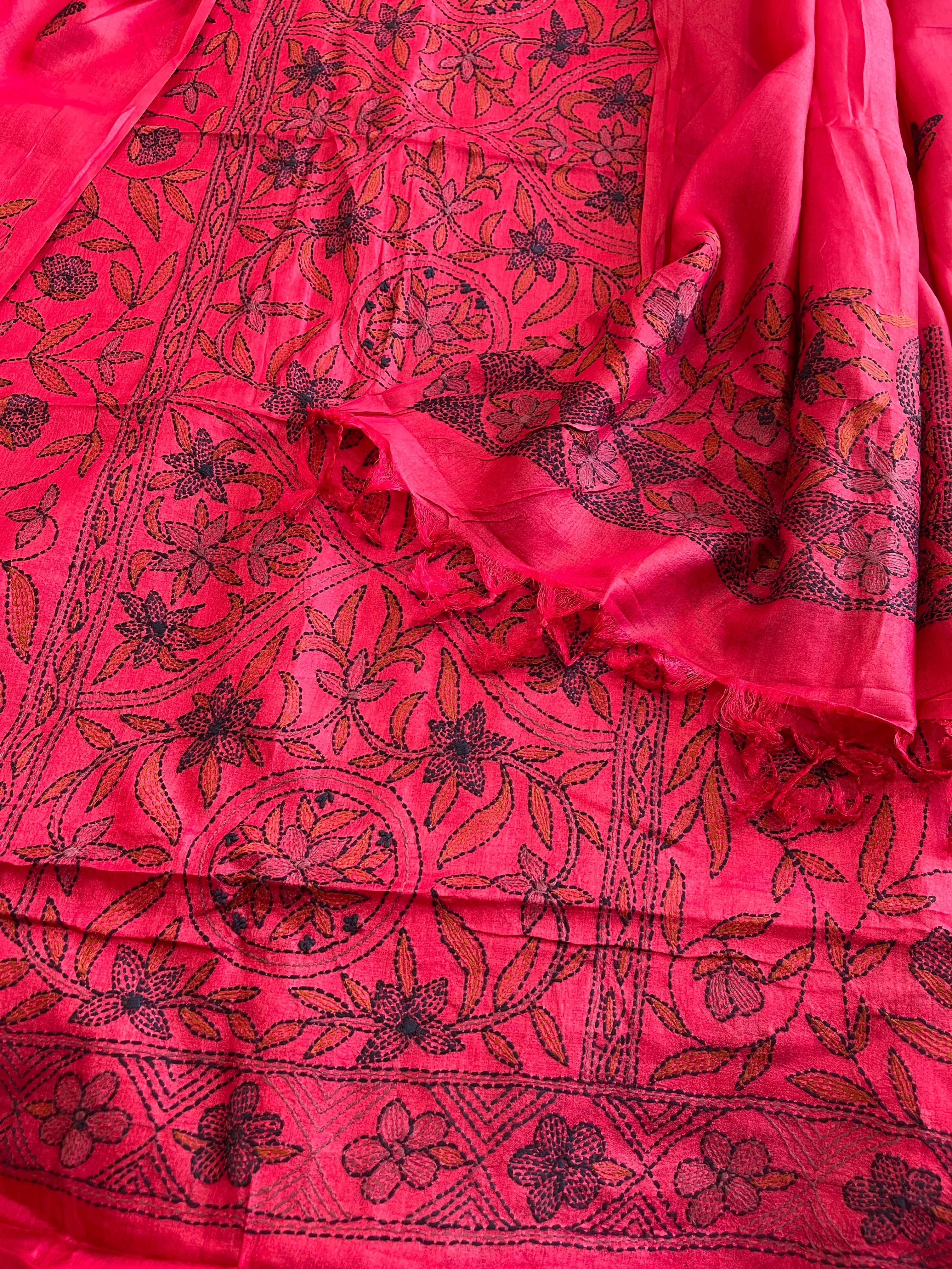 Pinkish Red Suit Set with Kantha Handwork in Pure Tussar Silk - Masakalee