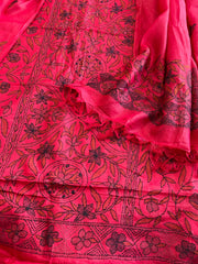 Pinkish Red Suit Set with Kantha Handwork in Pure Tussar Silk - Masakalee