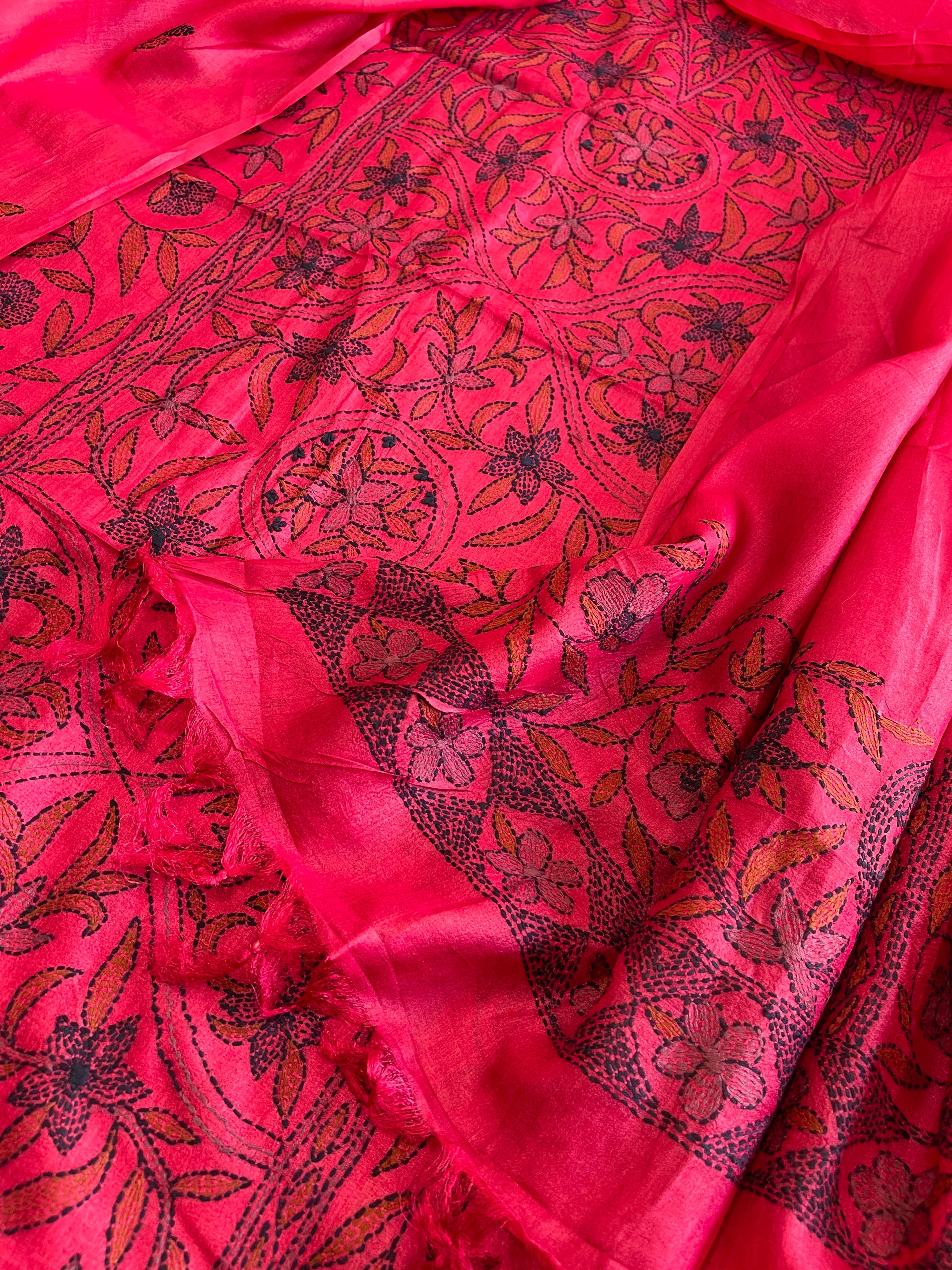 Pinkish Red Suit Set with Kantha Handwork in Pure Tussar Silk - Masakalee