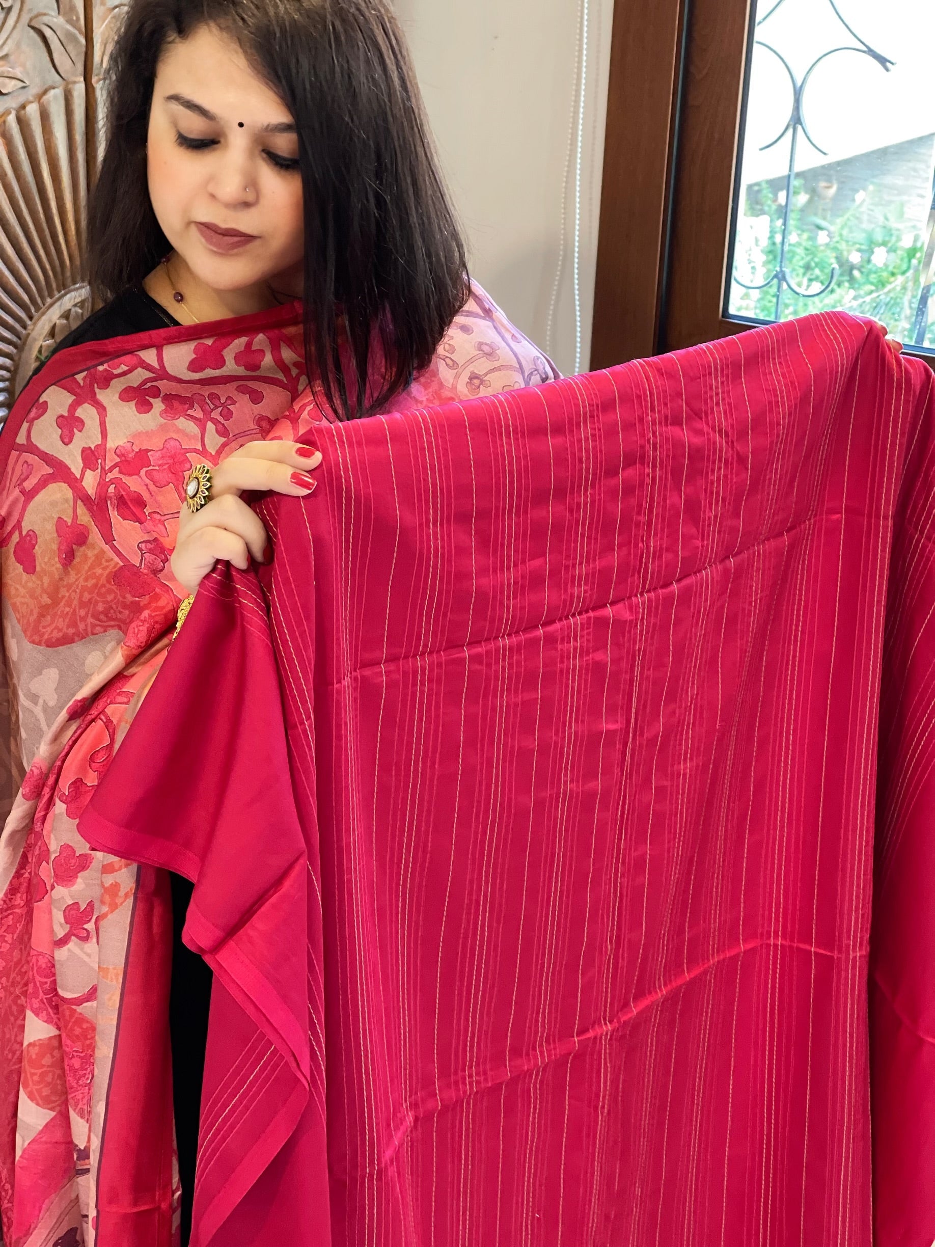 Pinkish Red Suit Set with Kantha Stitch Work on Glazed Cotton - Masakalee