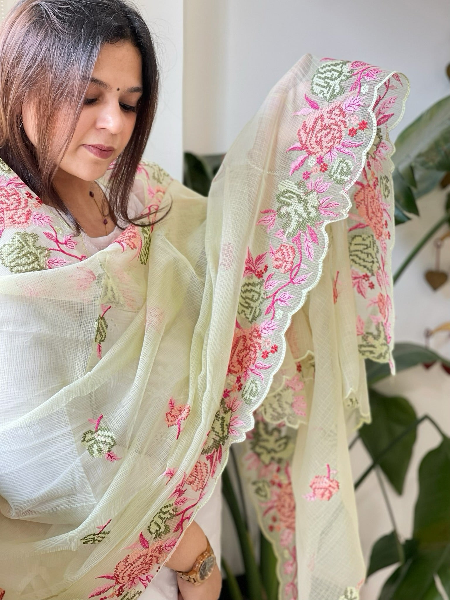 Pista Green Kota Cotton Dupatta with Cross - Stitch Embroidered Border - Masakalee
