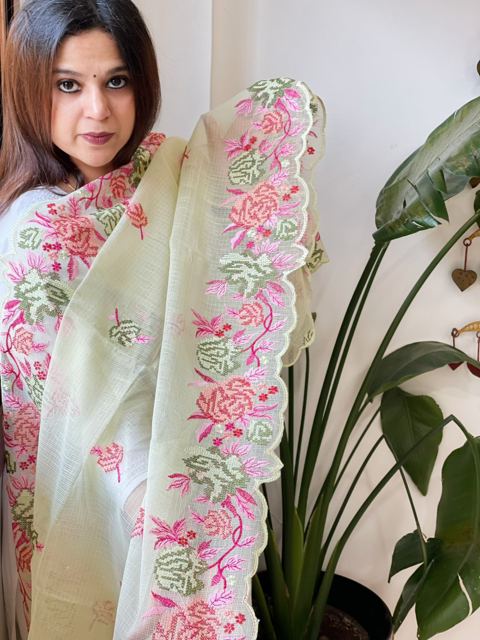 Pista Green Kota Cotton Dupatta with Cross - Stitch Embroidered Border - Masakalee