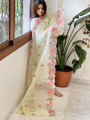 Pista Green Kota Cotton Dupatta with Cross - Stitch Embroidered Border - Masakalee