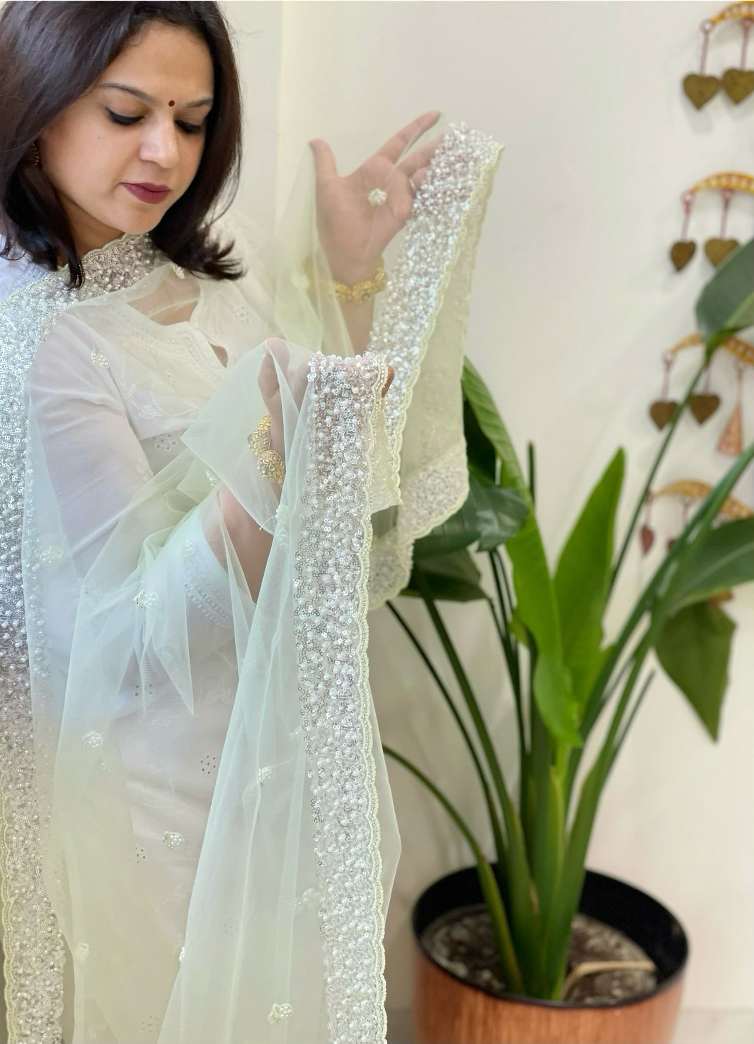 Pista Green Net Dupatta with Sequin and Pearl Embroidery - Masakalee