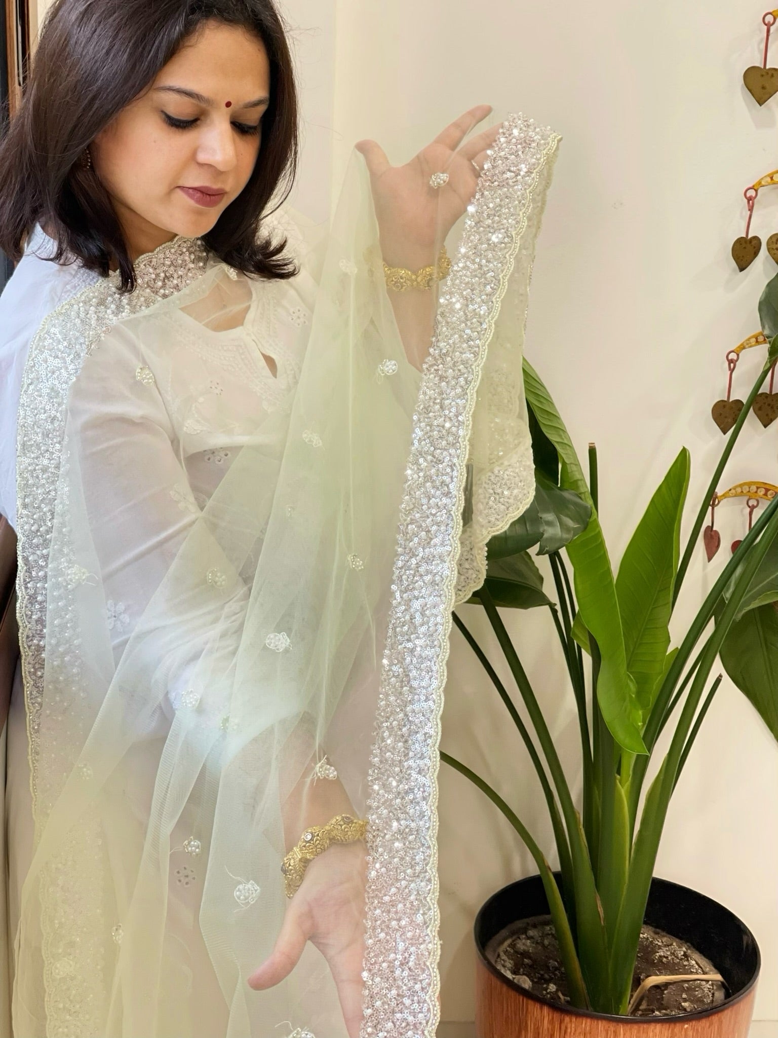 Pista Green Net Dupatta with Sequin and Pearl Embroidery - Masakalee