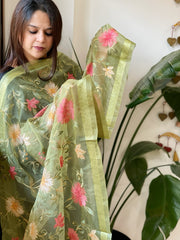 Pista Green Organza Dupatta with thread embroidery - Masakalee