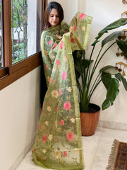 Pista Green Organza Dupatta with thread embroidery - Masakalee