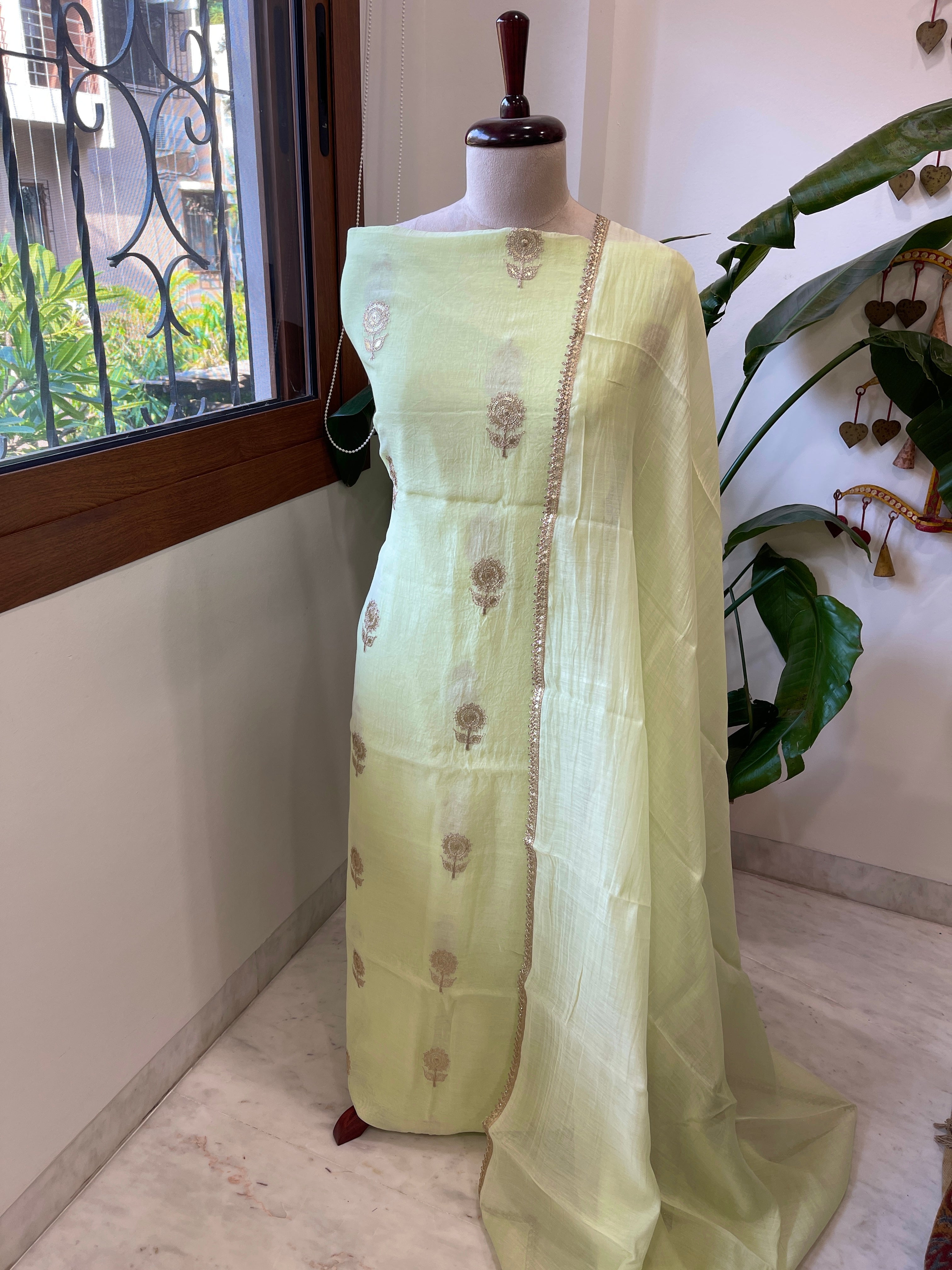 Pista Green Suit Set with Gold Thread & Sequin Work in Pure Mul - Masakalee