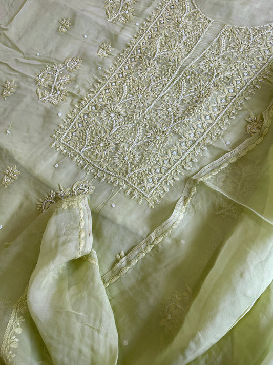 Pista Green Suit Set with Lucknowi and Pearl Handwork in Organza Crepe - Masakalee