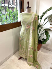 Pista Green Suit Set with Parsi Gara Embroidery in Mul Chanderi - Masakalee