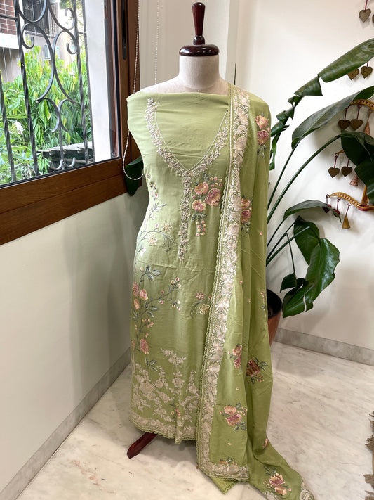 Pista Green Suit Set with Parsi Gara Embroidery in Mul Chanderi - Masakalee