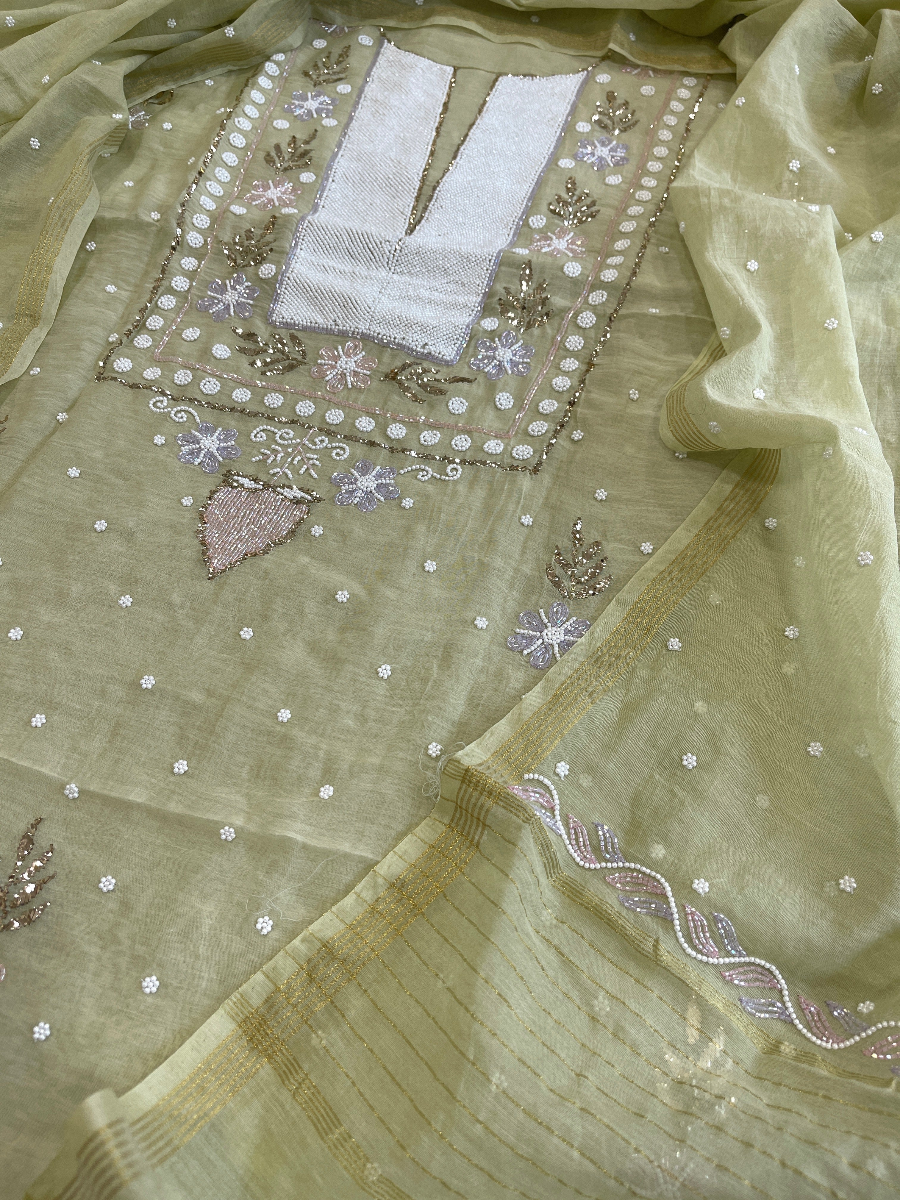 Pista Green Suit Set with Pearl, Cut Daana and Mukaish Handwork in Pure Mul Chanderi - Masakalee