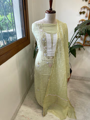 Pista Green Suit Set with Pearl, Cut Daana and Mukaish Handwork in Pure Mul Chanderi - Masakalee