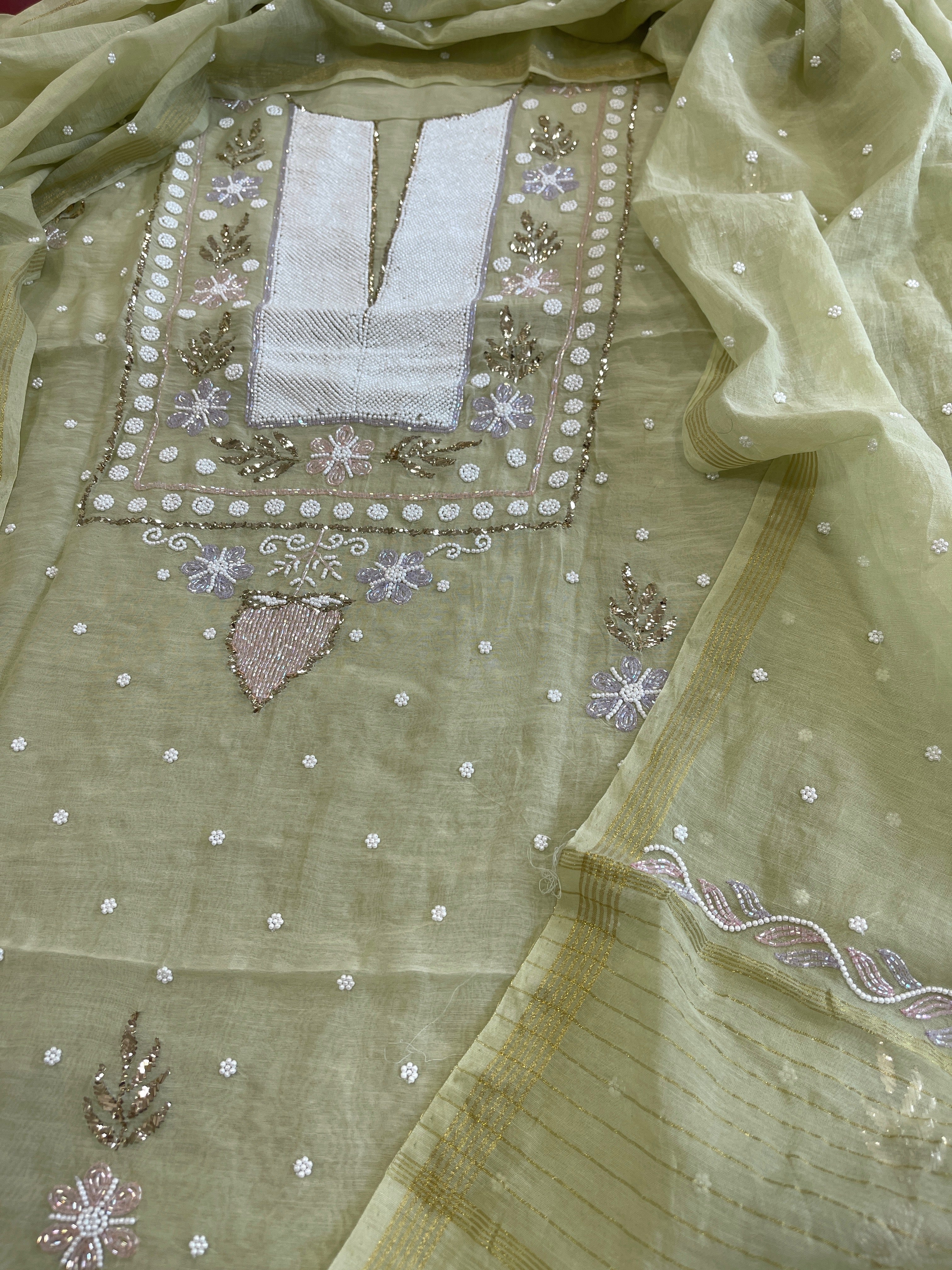 Pista Green Suit Set with Pearl, Cut Daana and Mukaish Handwork in Pure Mul Chanderi - Masakalee