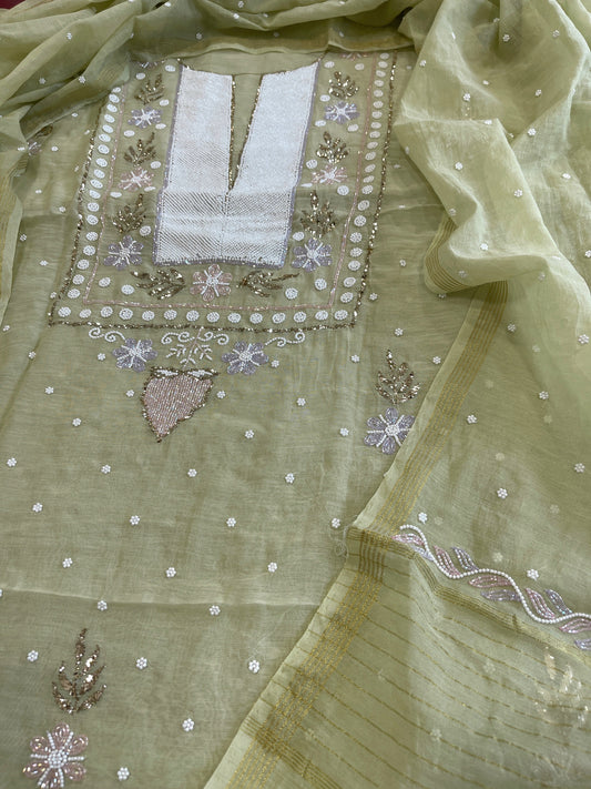 Pista Green Suit Set with Pearl, Cut Daana and Mukaish Handwork in Pure Mul Chanderi - Masakalee