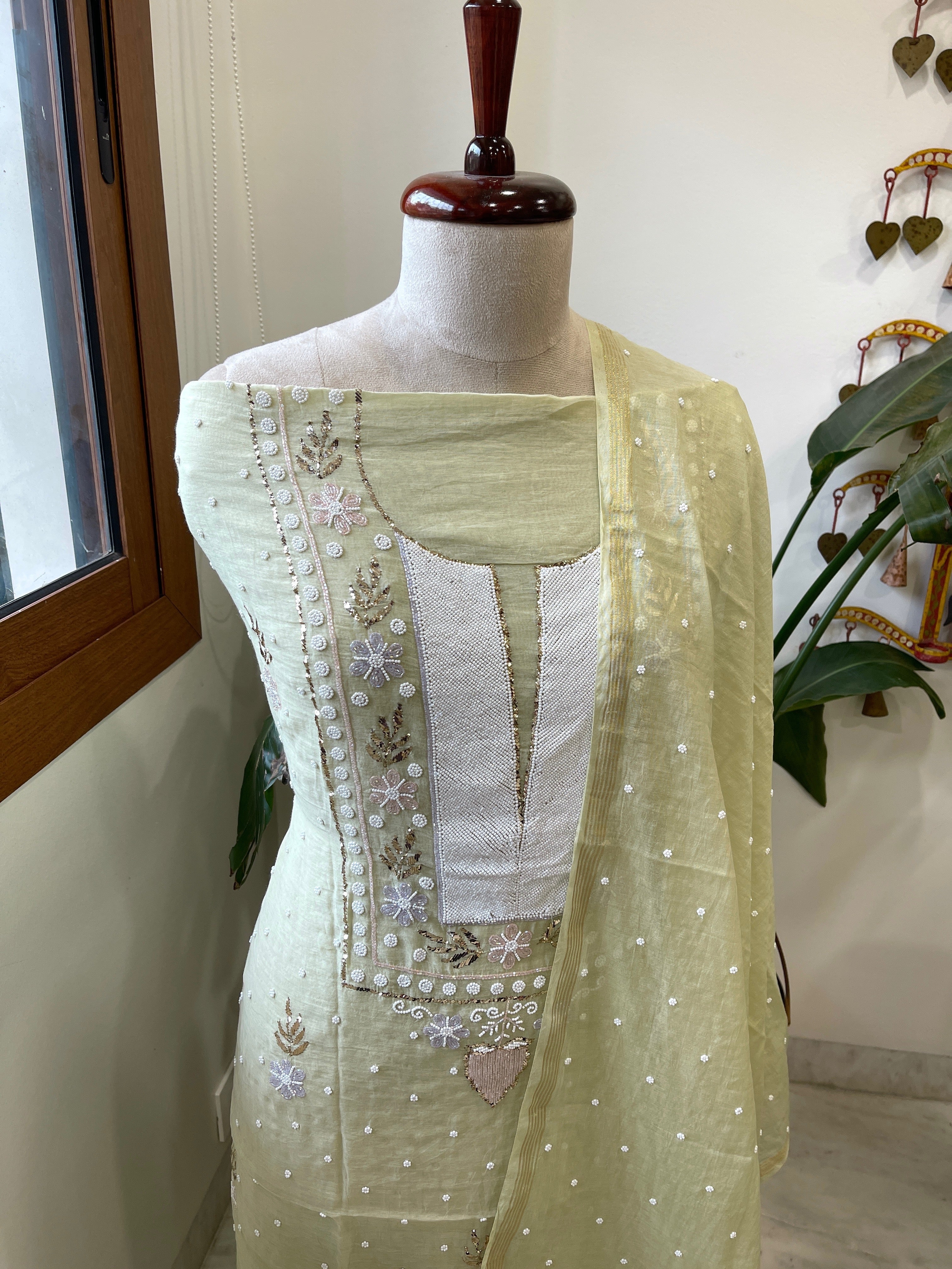 Pista Green Suit Set with Pearl, Cut Daana and Mukaish Handwork in Pure Mul Chanderi - Masakalee