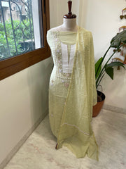 Pista Green Suit Set with Pearl, Cut Daana and Mukaish Handwork in Pure Mul Chanderi - Masakalee