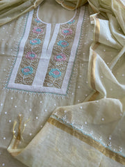Pista Green Suit Set with Pearl, Cut Daana and Thread Handwork in Pure Mul Chanderi - Masakalee