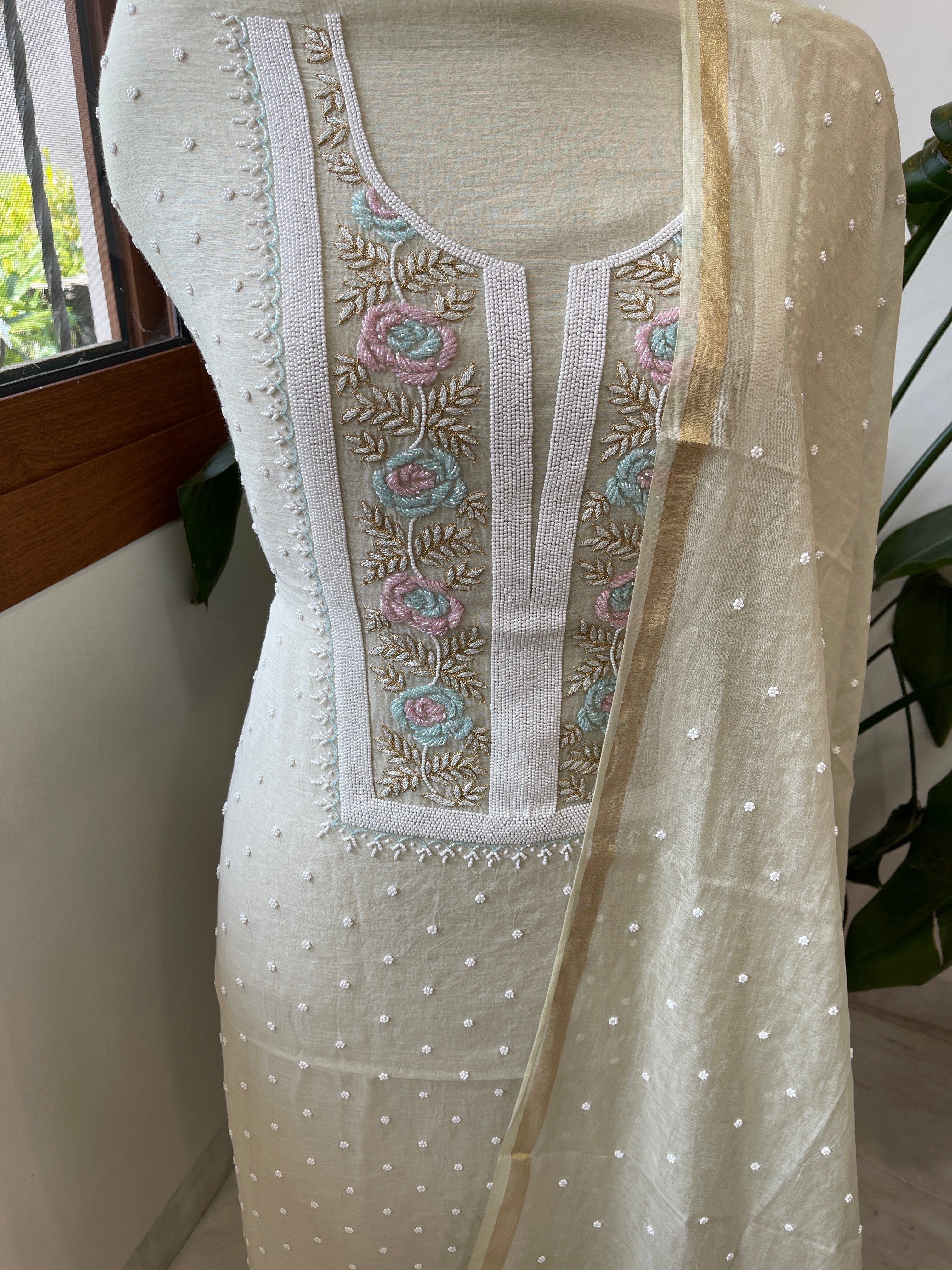 Pista Green Suit Set with Pearl, Cut Daana and Thread Handwork in Pure Mul Chanderi - Masakalee