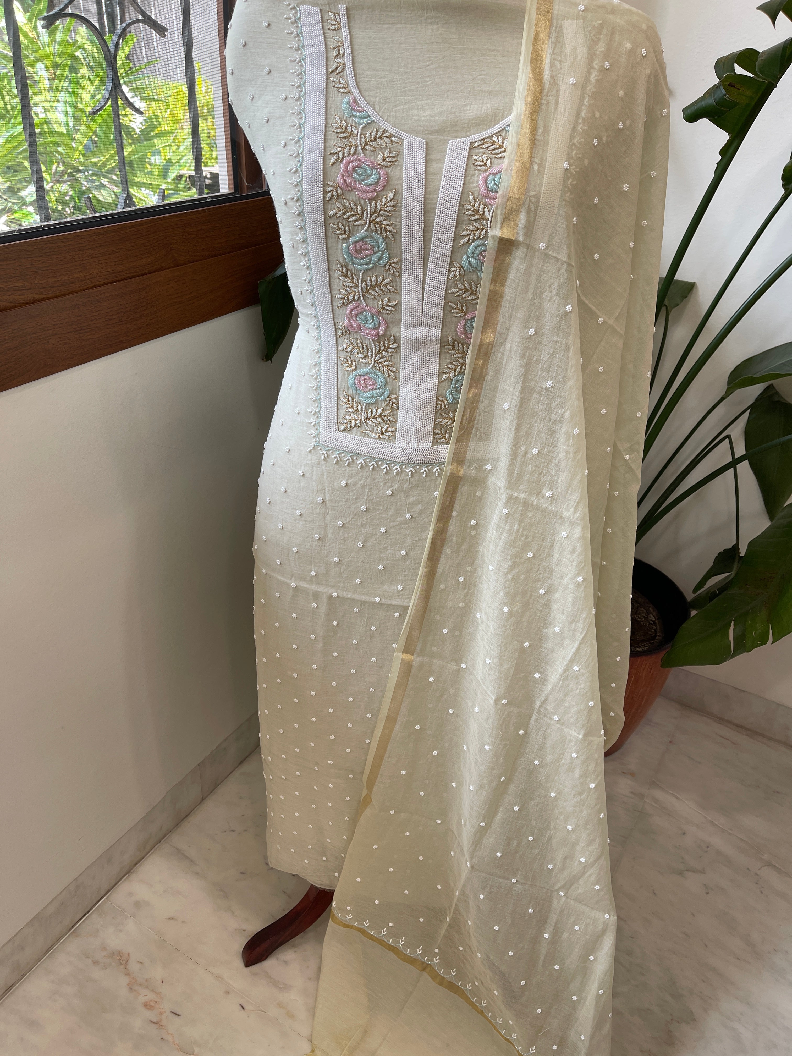 Pista Green Suit Set with Pearl, Cut Daana and Thread Handwork in Pure Mul Chanderi - Masakalee
