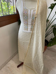 Pista Green Suit Set with Pearl, Cut Daana and Thread Handwork in Pure Mul Chanderi - Masakalee