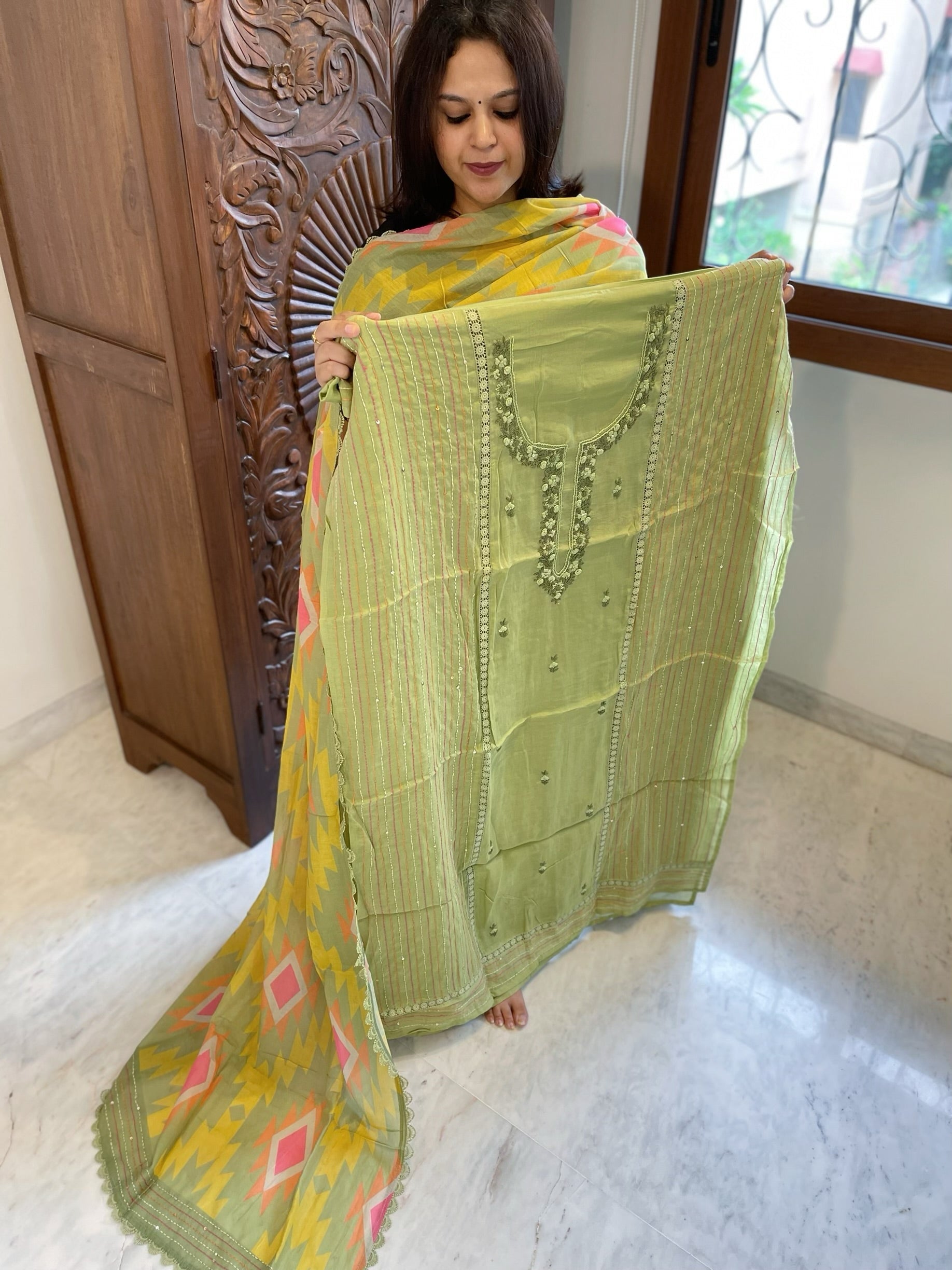 Pista Green Suit Set with Sequin and Knot handwork in Mul Chanderi - Masakalee