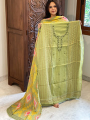 Pista Green Suit Set with Sequin and Knot handwork in Mul Chanderi - Masakalee