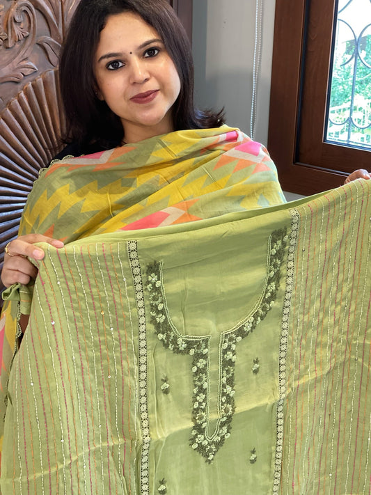 Pista Green Suit Set with Sequin and Knot handwork in Mul Chanderi - Masakalee