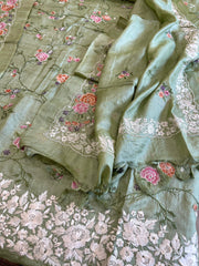 Pista Green Suit Set with Thread Embroidery and Parsi Gara Embroidery in Pure Tussar Silk - Masakalee