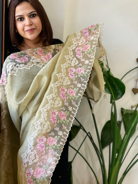 Pista Green Tissue Dupatta with Organza Embroidered Border - Masakalee