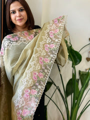 Pista Green Tissue Dupatta with Organza Embroidered Border - Masakalee