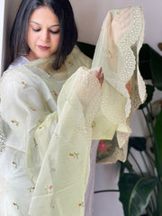 Pista Green Tissue Organza Dupatta with cross - stitch embroidery - Masakalee