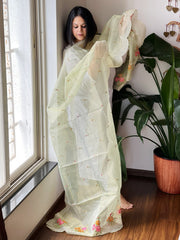 Pista Green Tissue Organza Dupatta with cross - stitch embroidery - Masakalee