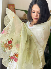 Pista Green Tissue Organza Dupatta with cross - stitch embroidery - Masakalee