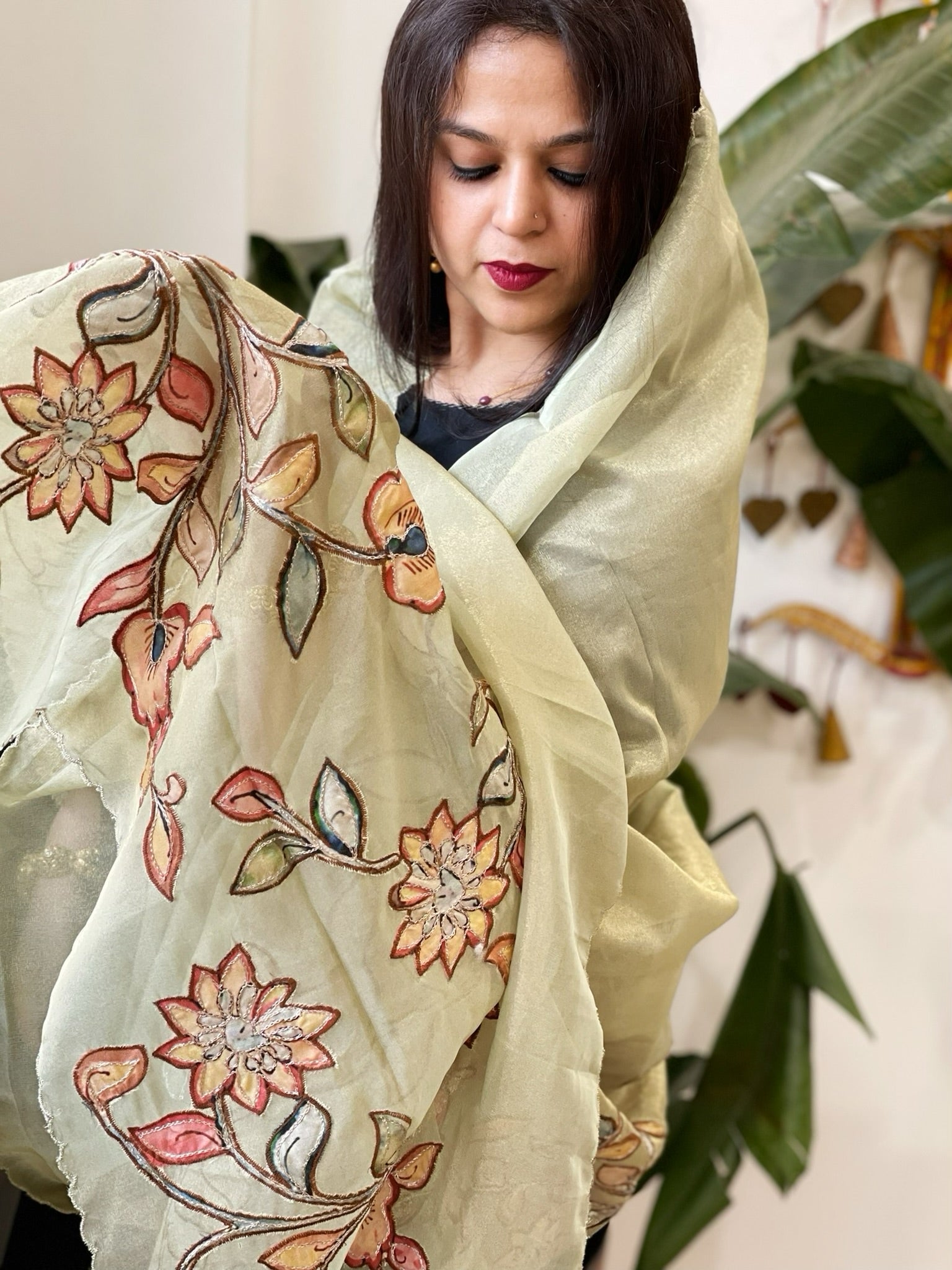 Pista Green Tissue Organza Dupatta with Handpainted Applique Work - Masakalee