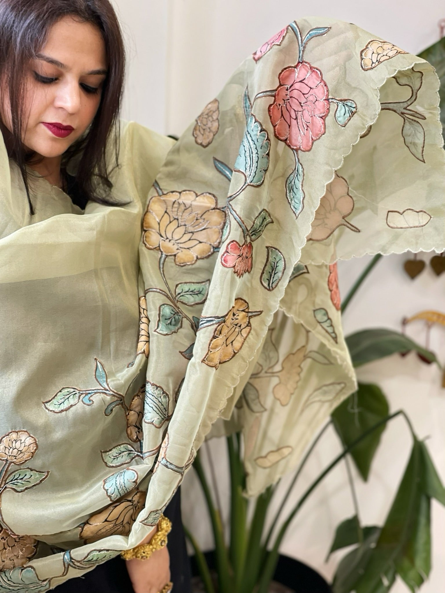Pista Green Tissue Organza Dupatta with Handpainted Applique Work - Masakalee