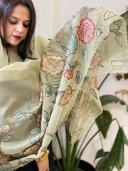 Pista Green Tissue Organza Dupatta with Handpainted Applique Work - Masakalee